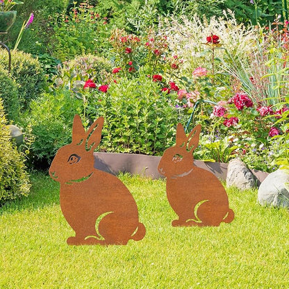 2 Pcs Metal Rabbits Garden Statues,Metal Yard Art Animals Garden Stakes Rabbit Silhouette,Rabbits Yard Art, Flowerbed Decoration, Outdoor Decor