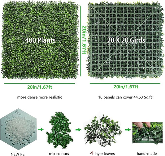 Bybeton Realistic Greenery Backdrop 20"x 20"(16Pcs), Boxwood Panels for Outdoor Privacy Fence & Wall Decor, UV-Protected Faux Plant Wall for Garden & Patio