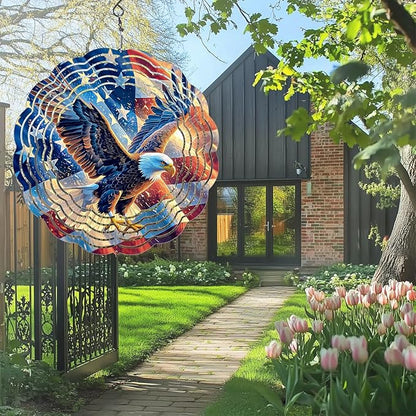 Eagle Flag Wind Spinner Outdoor, USA 250th Anniversary Wind Chime, 8 Inch 3D Metal Garden Wind Spinner, Stainless Steel Patriotic Yard Hanging Decor Gift