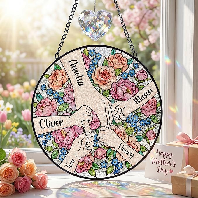 Personalized Mothers Day Stained Glass Gifts for Mom, Custom Name Windows Hanging, Suncatcher Ornament Decor Gift from Daugher Son Husband