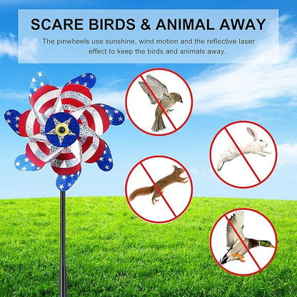 BATTIFE Reflective Pinwheels for Yard and Garden, Pre-Installed Sparkly Blind Birds Pin Wheel, Scare Birds & Animal Away Wind Spinner, 10 Pack (American Flags)