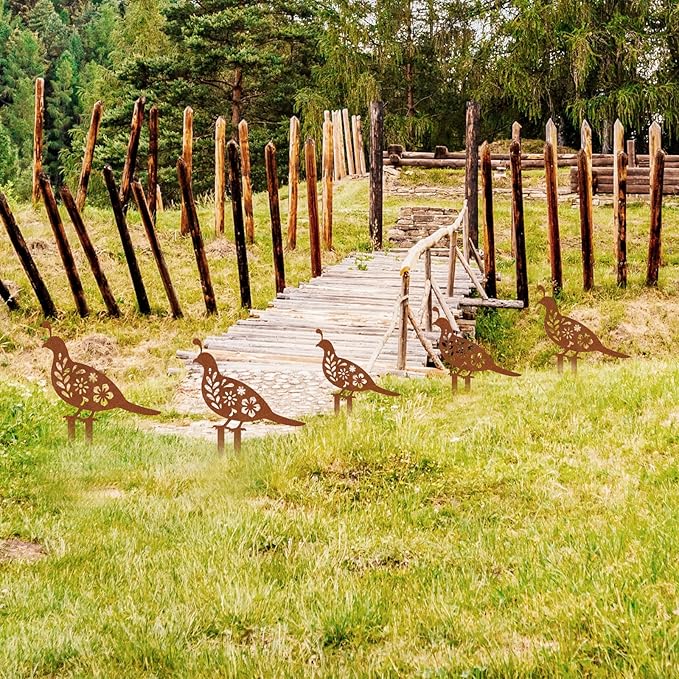 Metal Garden Decorative Statues Distinct Hen and Chicks Silhouette Design,Black Hollow-Cut Yard Art, Perfect Decor for Lawns Yard Gardens (Large, Quail)