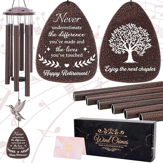 Retirement Gifts Wind Chimes - Metal Hummingbird Windchimes with Greeting Card Indoor Outdoor Hanging Decor Retirement Gift for Woman Men Grandma Grandpa Coworker Boss Teacher Nurse Friends