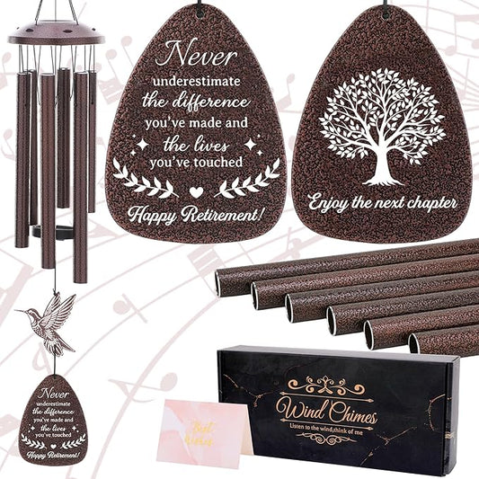 Retirement Gifts Wind Chimes - Metal Hummingbird Windchimes with Greeting Card Indoor Outdoor Hanging Decor Retirement Gift for Woman Men Grandma Grandpa Coworker Boss Teacher Nurse Friends