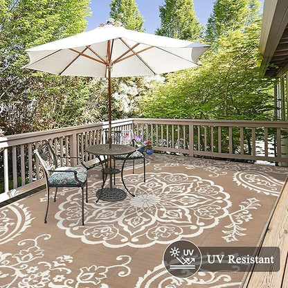 Pauwer Waterproof Outdoor Rug 9x12, Reversible Plastic Straw Patio Camping Rug, Indoor Outdoor RV Mat Carpet for Deck, Camper, Porch, Balcony, Backyard, Picnic, Boho Brown