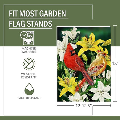 Furiaz Decorative Cardinal Flower Spring Small Garden Flag Double Sided, Red Yellow Birds Home Floral Lily Burlap Outside House Yard Decoration, Summer Green Seasonal Outdoor Décor Flag 12.5 x 18