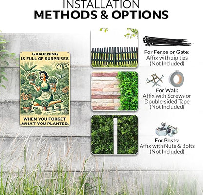 Funny Garden Decor Sign – Gardening Gifts for Women, Garden Decor Aluminum Outdoor Sign, Gardening Is Full of Surprises, Yard & Patio Gifts for Plant Lovers & Gardeners 12" x 8"