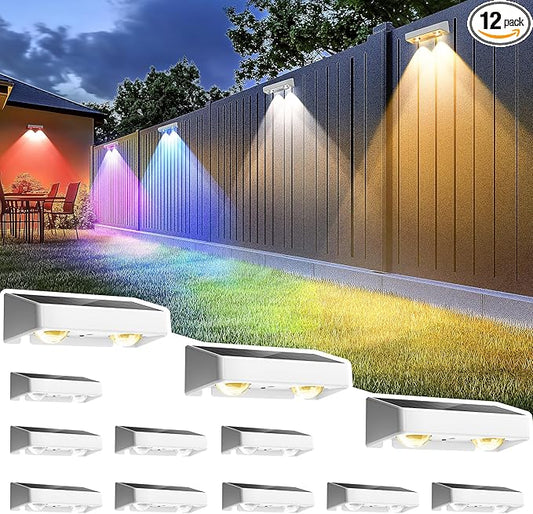 SOLPEX Solar Fence Lights Outdoor, 9 Fixed Colors ＆ Color Changing Fence Solar Lights Outdoor Waterproof IP65, LED Deck Lighting for Backyard Wall Step Patio Railing Pool Porch (12 Pack)