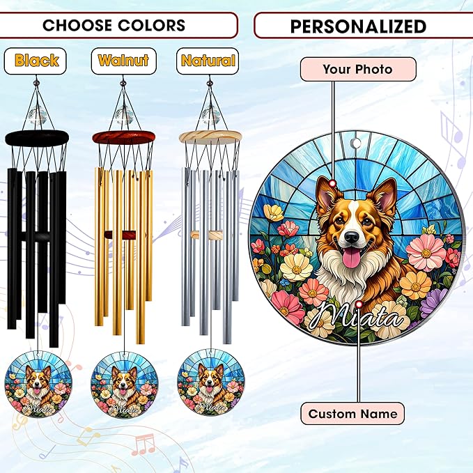 Personalized Pet Memorial Wind Chimes, Sympathy Gift for Loss of Dog Cat Lovers, Custom Photo Crystal Memory Ornament, Pet Remembrance Keepsake, Memorial Windchimes for Grandma Mom Garden Décor