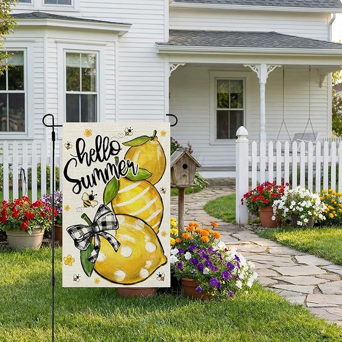CROWNED BEAUTY Hello Summer Garden Flag Lemons 12x18 Inch Double Sided Small Yellow Floral Seasonal Holiday Decoration for Outside Yard