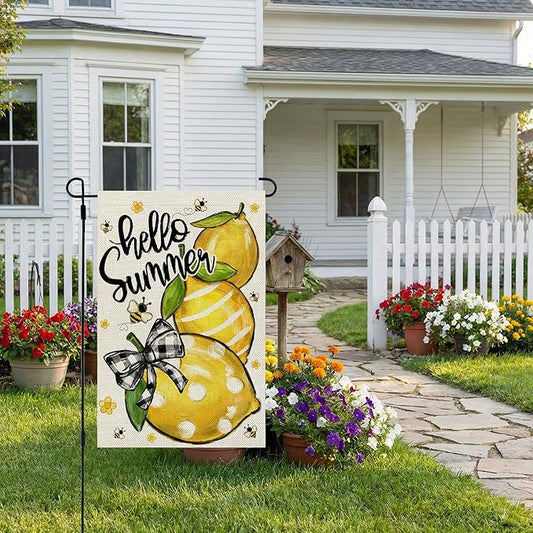 CROWNED BEAUTY Hello Summer Garden Flag Lemons 12x18 Inch Double Sided Small Yellow Floral Seasonal Holiday Decoration for Outside Yard