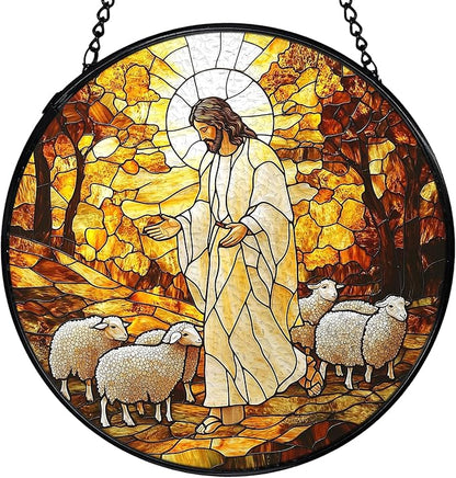 Christian Jesus and Lamb Suncatchers Stained Glass Window Hanging, Jesus Religious Sun Catchers Indoor Window Glass Round Wall Decor, Christian Wall Hanging Decorations, 7.9x7.9in