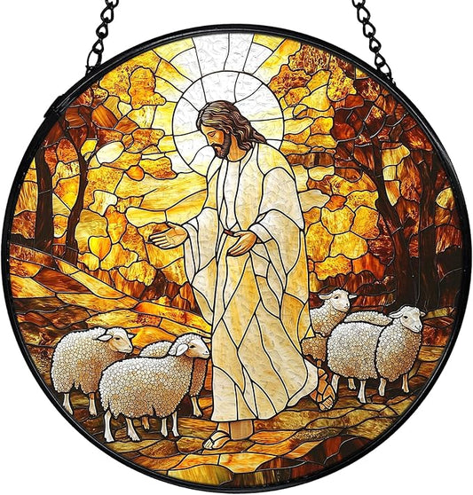 Christian Jesus and Lamb Suncatchers Stained Glass Window Hanging, Jesus Religious Sun Catchers Indoor Window Glass Round Wall Decor, Christian Wall Hanging Decorations, 7.9x7.9in