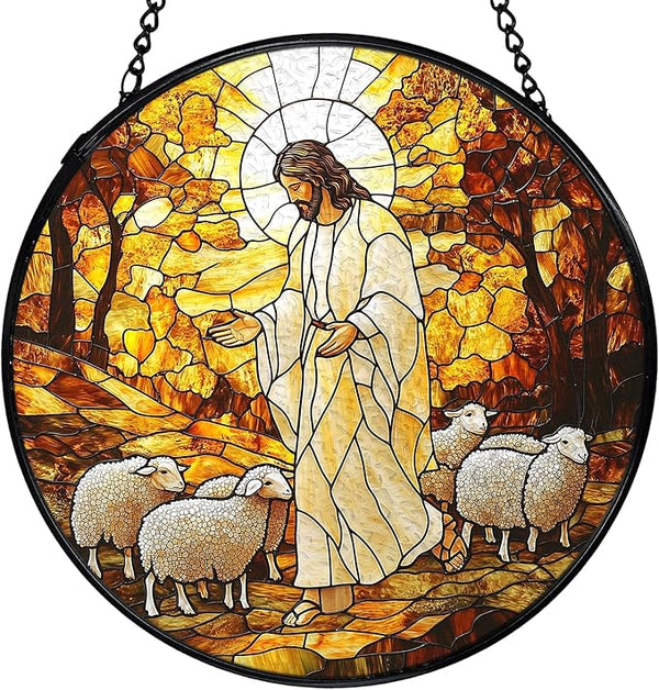 Christian Jesus and Lamb Suncatchers Stained Glass Window Hanging, Jesus Religious Sun Catchers Indoor Window Glass Round Wall Decor, Christian Wall Hanging Decorations, 7.9x7.9in