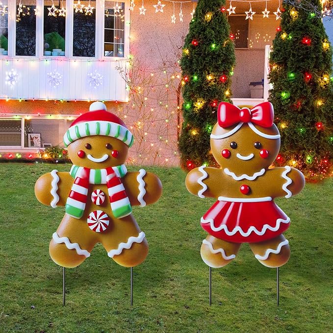 2 Pack Christmas Yard Stakes Metal Stakes 3D Boy and Girl Yard Sign Christmas Outdoor Decorations for Outside Holiday Xmas Winter Ornament Lawn Pathway (Classic Gingerbread Man Couple)