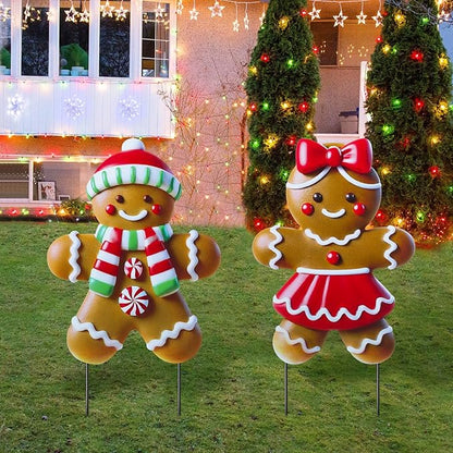2 Pack Christmas Yard Stakes Metal Stakes 3D Boy and Girl Yard Sign Christmas Outdoor Decorations for Outside Holiday Xmas Winter Ornament Lawn Pathway (Classic Gingerbread Man Couple)