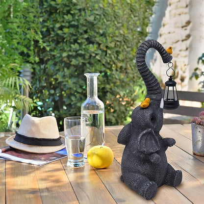 Gift Boutique Garden Decor Elephant Statues with Lantern Light Outdoor Elephant Figurine Yard Lawn Patio Decorations Resin Animal Sculpture with LED Hanging Lamp