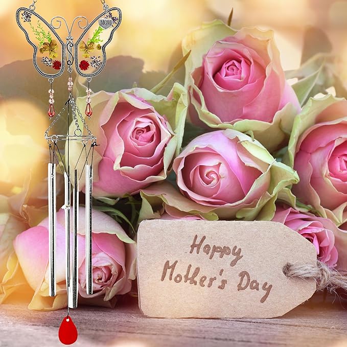 Mom Butterfly Wind Chime with Pressed Flowers - Floral Hanging Wind Chimes for Mom - Mother's Day, Birthday for Mother - Decorative Garden or Window Gift - 20 Inch Long