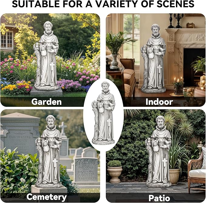 St Francis Garden Statue, 31" Saint Francis Catholic Outdoor Statues, Large Religious Christian Sculpture Deor for Prayer and Meditation, Patron Saint of Animals Patio in Durable MGO Stone