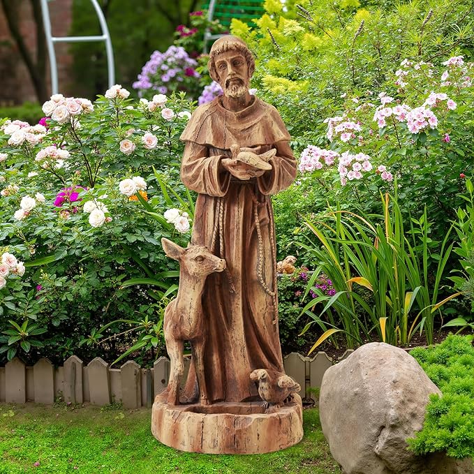 St Francis Garden Statue Outdoor All-Weather, 25" H Religious Saint Francis of Assisi Catholic Statue with Bird Feeder for Patio Yard Home Decor