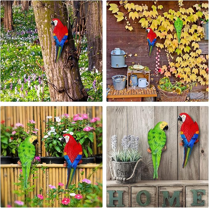 Jetec Parrot Decor Outdoor Tiki Bar Decor Large Realistic Parrot Statues Outside Lifelike Bird Sculptures Garden Patio Yard Lawn Figurines for Tropical Animal Tree Wall(2 Pcs,Green, Red)