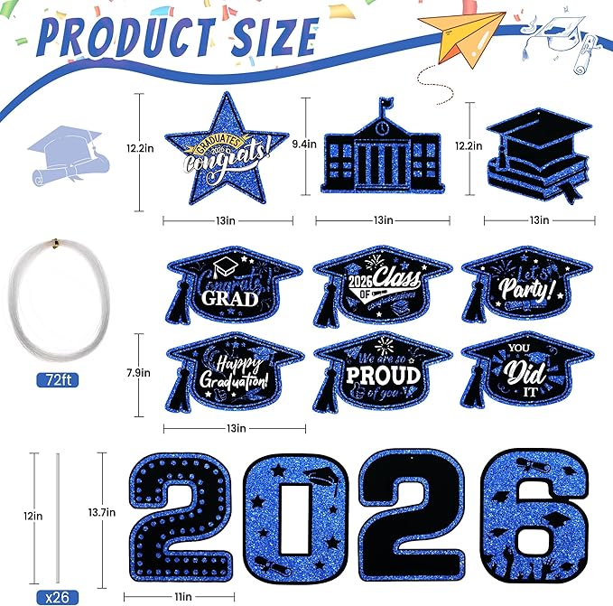 13Pcs Graduation Yard Signs Class of 2026 Large Congrats Grad Sign with Stakes & String Hanging Graduation Decorations for Indoor Outdoor Yard Lawn Porch School (Blue)