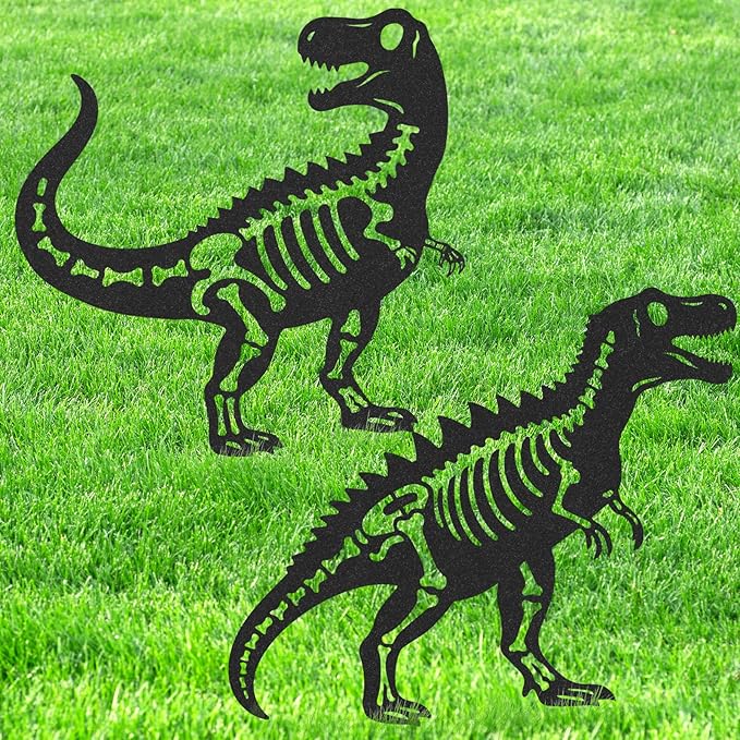 Dinosaur Decor Garden Stakes - 2 Pcs Metal Dinosaurs Statues Waterproof Yard Art Silhouette Decoration for Outside Patio Lawn Pathway Christmas New Year Ornaments Birthday Gifts for Adults