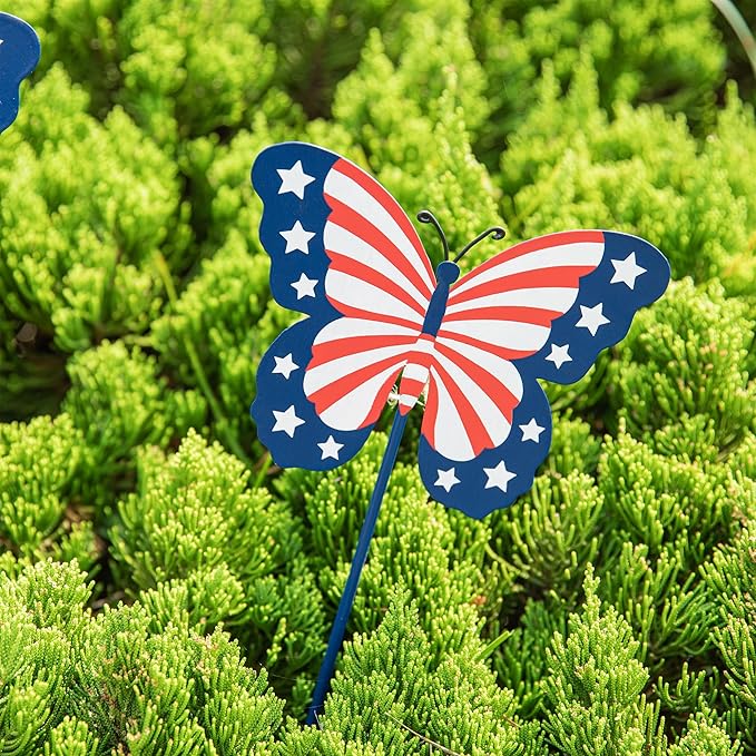 Glitzhome 24" H Patriotic Metal Butterfly Yard Stakes,Set of 3 Butterflies Hanging Ornaments Americana 4th July Garden Yard Signs Independence Day Indoor Outdoor Wall Decorations