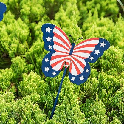 Glitzhome 24" H Patriotic Metal Butterfly Yard Stakes,Set of 3 Butterflies Hanging Ornaments Americana 4th July Garden Yard Signs Independence Day Indoor Outdoor Wall Decorations