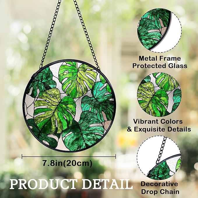Monstera Leaf Plant Suncatchers Stained Glass Window Hanging, Monstera Decor Sun Catchers Indoor Window Glass Round Wall Decor, Plant Lovers Gifts Wall Hanging Decorations, 7.9x7.9in