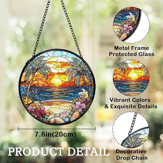 Tropical Beach Suncatchers Stained Glass Window Hanging, Coastal Ocean Sun Catchers Indoor Window Glass Round Wall Decor, Coastal Seascape Beach Wall Hanging Decorations, 7.9x7.9in