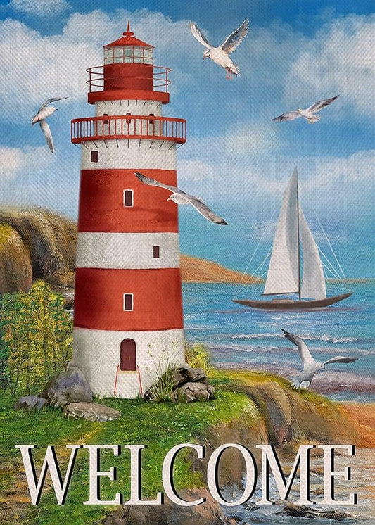Spring Summer Lighthouse Garden Flag, Coastal Seagull Birds Yard Beach Nautical Sailboat Outside Decoration, Ocean Outdoor Small Burlap Decor Double Sided 12 x 18