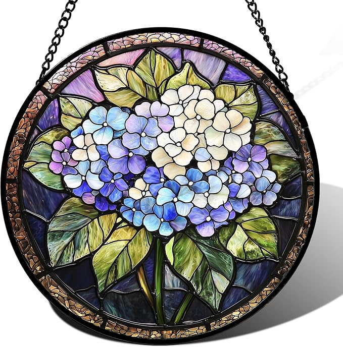 DASTOLL Stained Glass Window Hanging, Hydrangea Flowers Sun Catchers Diamond Glass Panel Hangings Plant Suncatcher Decor for Birthday for Women, Men, Wife, Aunt, and Mom 14.9x14.9 in