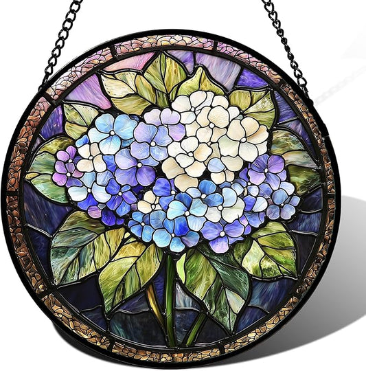 DASTOLL Stained Glass Window Hanging, Hydrangea Flowers Sun Catchers Diamond Glass Panel Hangings Plant Suncatcher Decor for Birthday for Women, Men, Wife, Aunt, and Mom 14.9x14.9 in