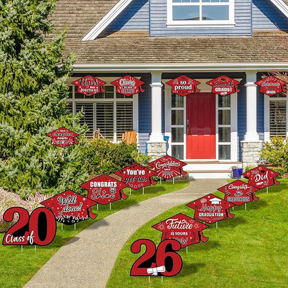 16 Pieces 2026 Graduation Yard Signs Plastic Congrats Grad Decor with 32 Stake and Ribbon Graduate Cap Hanging Yard Sign for Party Outdoor Lawn Pathway Walkway Decorations(Red)