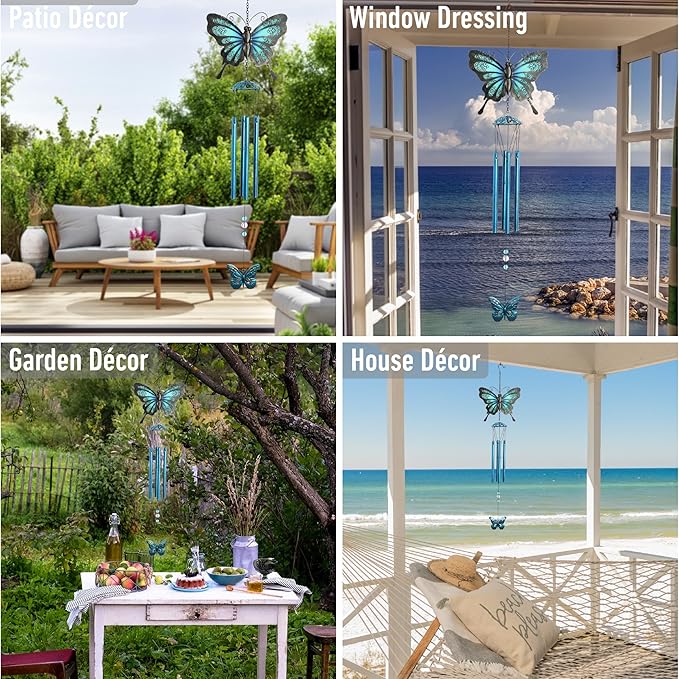 CoTa Global Rustic Blue Butterfly Wind Chime - Handmade Metal and Glass Hanging Decor, Blue and Black Garden Ornament with Copper Tubes, Indoor Outdoor Porch Patio Yard Decoration - 32 Inches