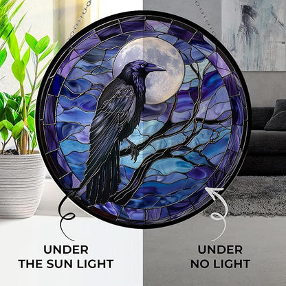 Moon Crow Stained Glass Suncatcher Window Hanging, Gothic Christmas Ornaments for Fiction Lovers, Dinosaur Room Decor for Nursery New Home Gifts