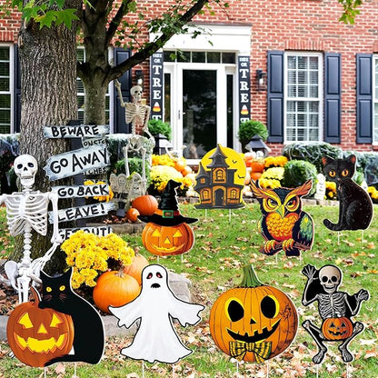 Amyhill 12 Pcs Halloween Yard Signs Vintage Lawn Decorations with Stakes Sturdy Corrugated Plastic Outdoor Decorations Witch Black Cat Pumpkin Ghost Owl Skeleton Garden Signs for Scary Halloween Party