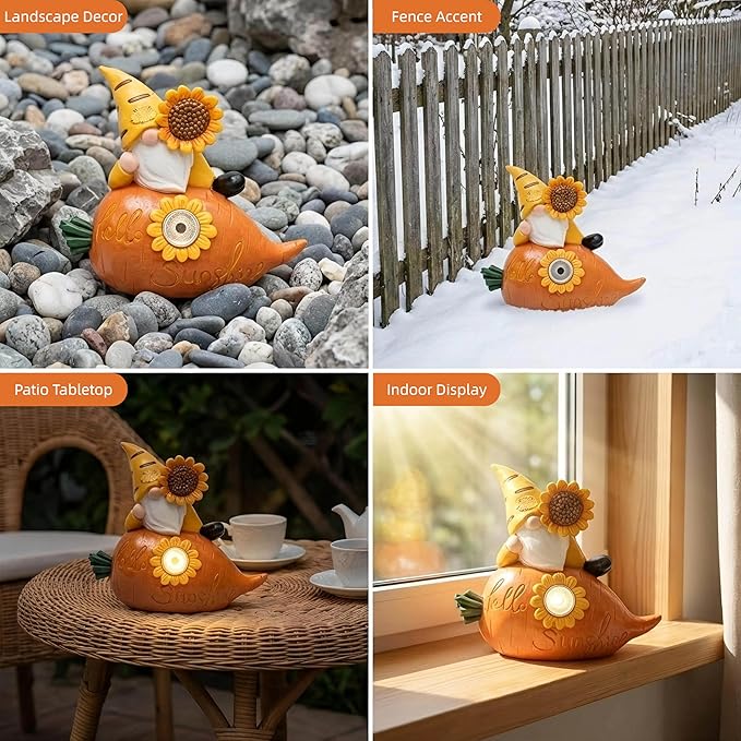Garden Gnomes Outdoor, Solar Sunflower Gnome Garden Statue & Fairy Garden Accessories, Funny Garden Gnome Yard Ornaments & Lawn Statues, Resin Decor Gnomes Gifts for Women Mom