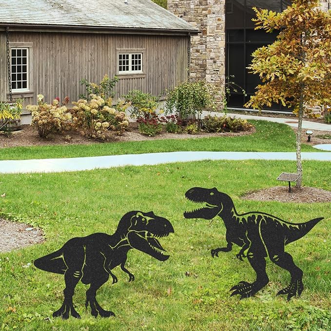 Rngmsi Dinosaur Metal Garden Art - 2PCS Metal Dinosaur Yard Art Decorations Outside Dinosaur Garden Stakes Decorative Dinos Garden Decor Outdoor for Patio Lawn Statues Gifts for Men Women Friends