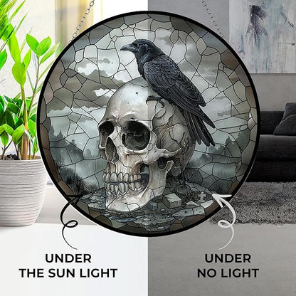 Skull Crow Suncatchers for Windows,6.3” Stained Glass Window Hangings,UV-Print Glass Panel Perfect for Home Décor