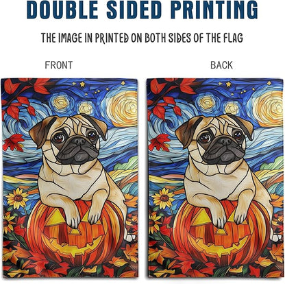 Stained Glass Pug Fall Garden Flag Halloween Pumpkin Yard Signs Autumn Sunflower Thanksgiving Banner for Outside 12x18 Double Sided Small Dog Outdoor Decorative