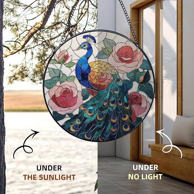 Peacock Stained Glass Window Hanging, Peacock Suncatchers, Bird Rose Flowers Sun Catchers Indoor Window Round Glass Wall Art Hanging Decorations, 7.9x7.9in