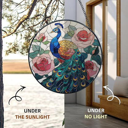 Peacock Stained Glass Window Hanging, Peacock Suncatchers, Bird Rose Flowers Sun Catchers Indoor Window Round Glass Wall Art Hanging Decorations, 7.9x7.9in