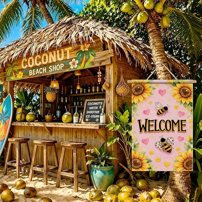IVN Spring Summer Garden Flag 12x18 Inch – Welcome Sunflower Bee Outdoor Flag, Double Sided Burlap Farmhouse Yard Flag for Porch Lawn Patio Seasonal Home Decor