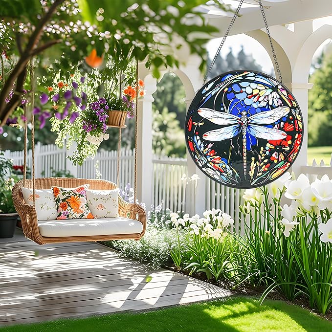 Stained Glass Window Hanging - Dragonfly Suncatcher for Door Terrace Garden Kitchen Home Decor, Sun Catchers Decoration for Christmas, Mother's Day and Birthday Gifts for Women, Men, and Mom 9.8 in