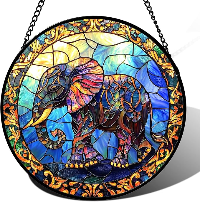 Stained Glass Window Hanging - Blue Elephant Suncatcher for Door Terrace Garden Home Decor, Yellow Retro Sun Catcher Birthday Gifts for Lovers Women Men Dad Mom Nana 15 in