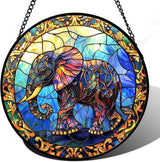 Stained Glass Window Hanging - Blue Elephant Suncatcher for Door Terrace Garden Home Decor, Yellow Retro Sun Catcher Birthday Gifts for Lovers Women Men Dad Mom Nana 15 in