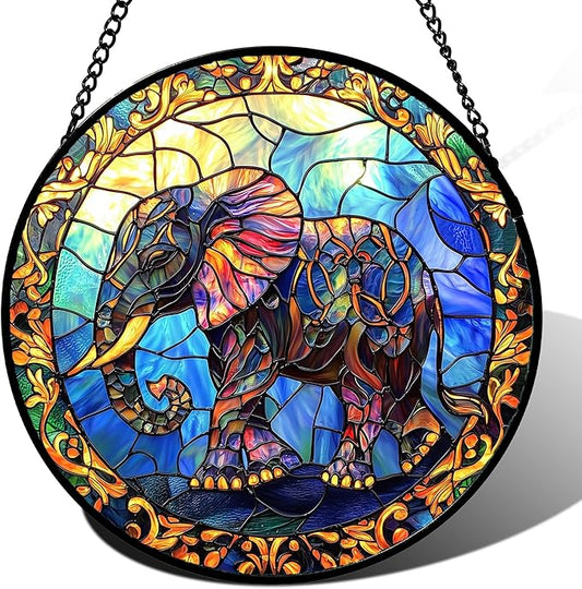 Stained Glass Window Hanging - Blue Elephant Suncatcher for Door Terrace Garden Home Decor, Yellow Retro Sun Catcher Birthday Gifts for Lovers Women Men Dad Mom Nana 15 in