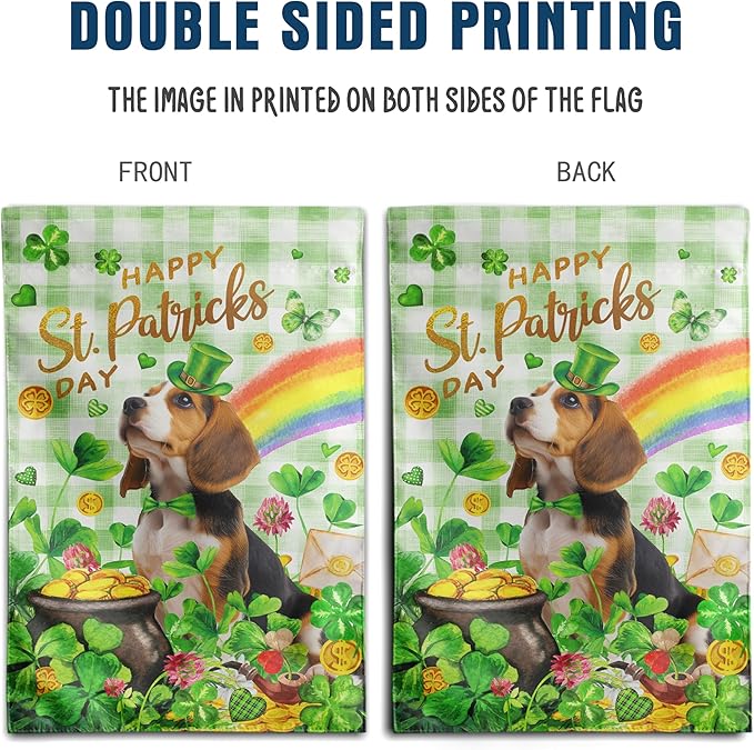 Beagle St Patricks Day Garden Flag Dog St Patrick's Day Yard Flags for Outside 12x18 Double Sided Buffalo Plaid Shamrock Flag Small Outdoor Rainbow St Patrick's Decor